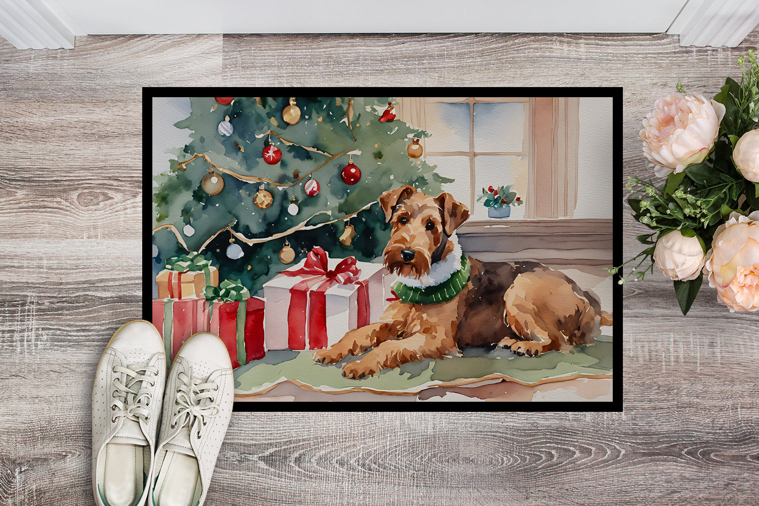 Airedale Terrier Cozy Christmas Doormat Indoor Outdoor 18H X 27W Front Door Mat Rugs for Entryway, Non Slip Washable