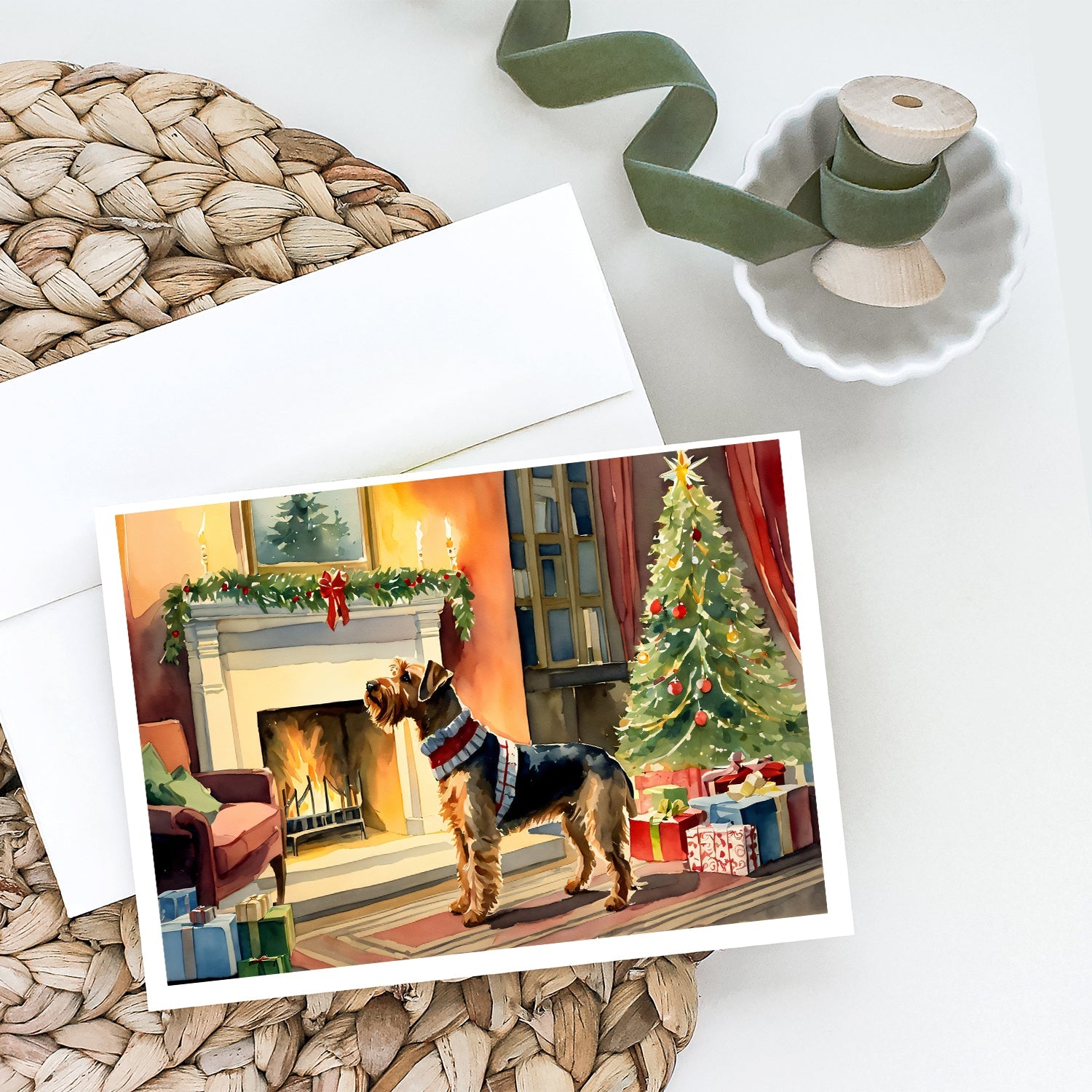 Airedale Terrier Cozy Christmas Greeting Cards Pack of 8 Blank Cards with Envelopes Whimsical A7 Size 5x7