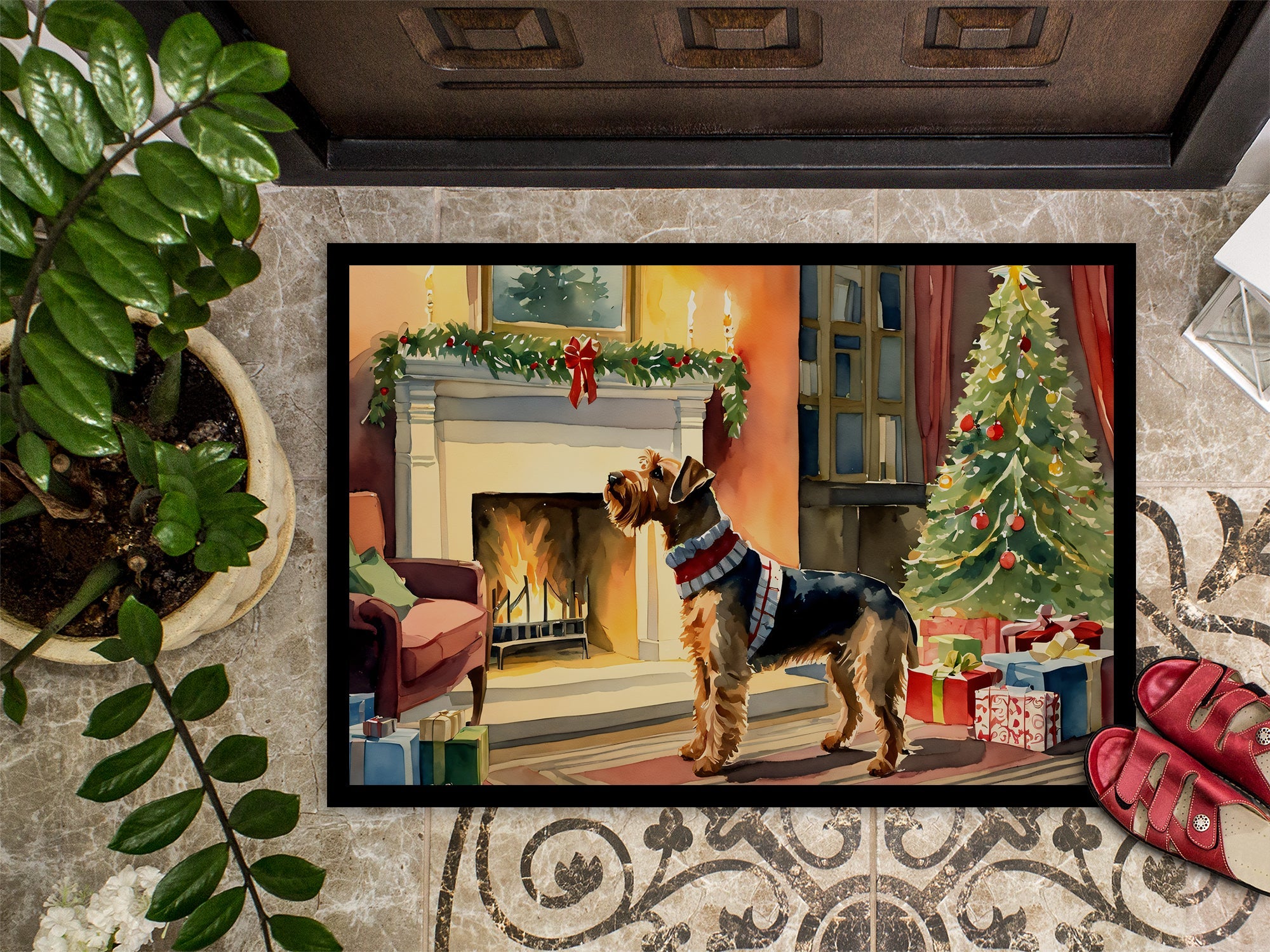 Airedale Terrier Cozy Christmas Doormat Indoor Outdoor 24H X 36W Front Door Mat Rugs for Entryway, Non Slip Washable Low Pile,