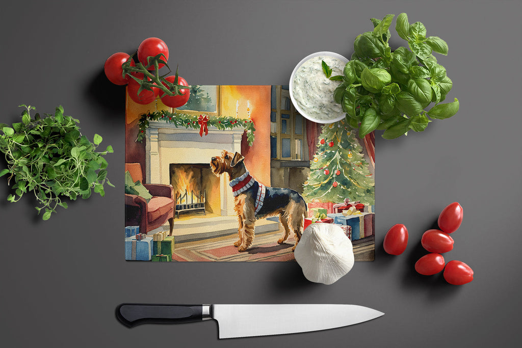 Airedale Terrier Cozy Christmas Cutting Board Tempered Glass Kitchen Cutting Surface, Heat Resistant Chopping, Non-Slip Feet, Food Prep & Serving