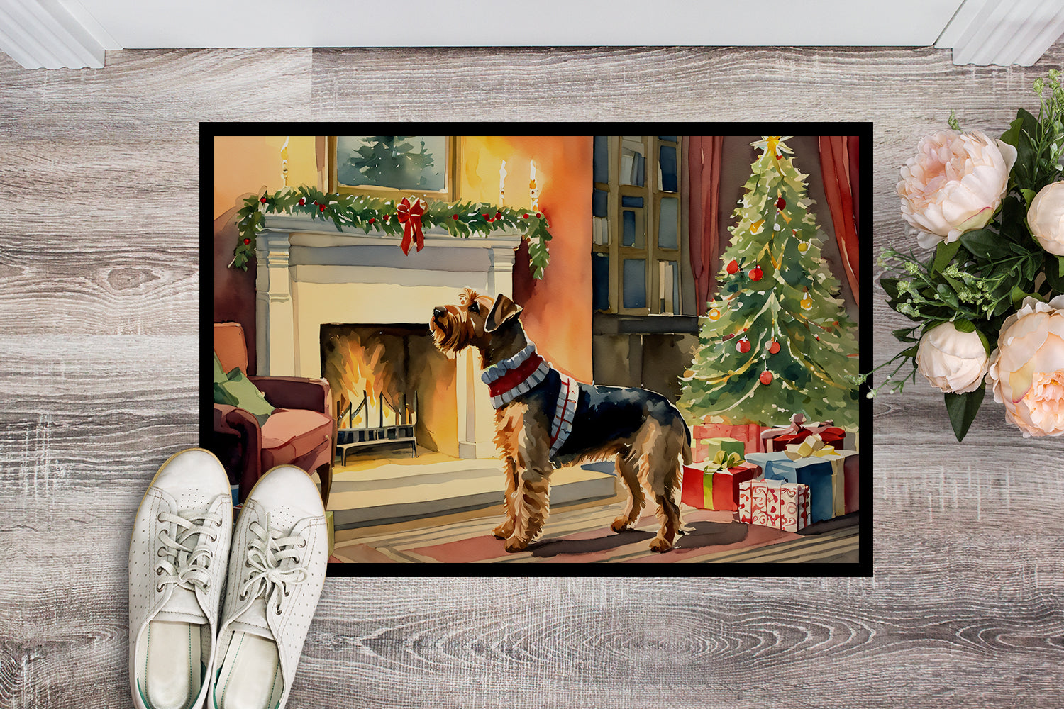 Airedale Terrier Cozy Christmas Doormat Indoor Outdoor 18H X 27W Front Door Mat Rugs for Entryway, Non Slip Washable