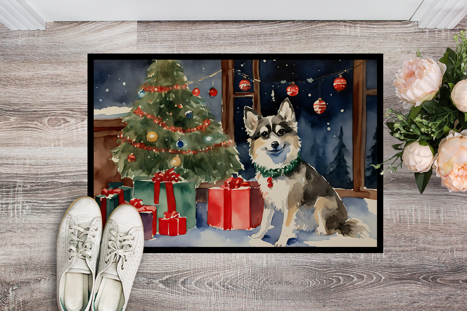Alaskan Klee Kai Cozy Christmas Doormat Indoor Outdoor 24H X 36W Front Door Mat Rugs for Entryway, Non Slip Washable Low Pile,