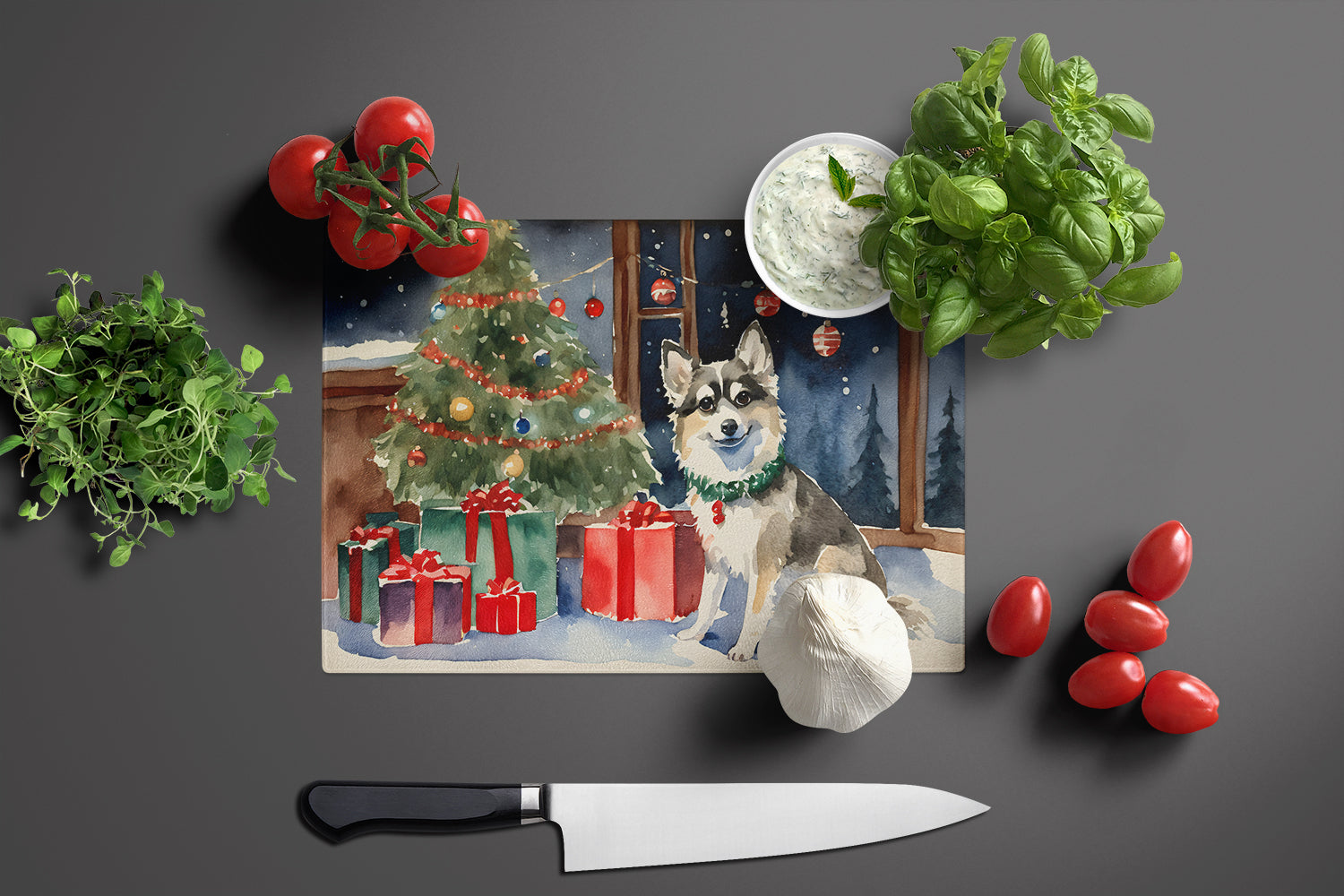 Alaskan Klee Kai Cozy Christmas Cutting Board Tempered Glass Kitchen Cutting Surface, Heat Resistant Chopping, Non-Slip Feet, Food Prep & Serving