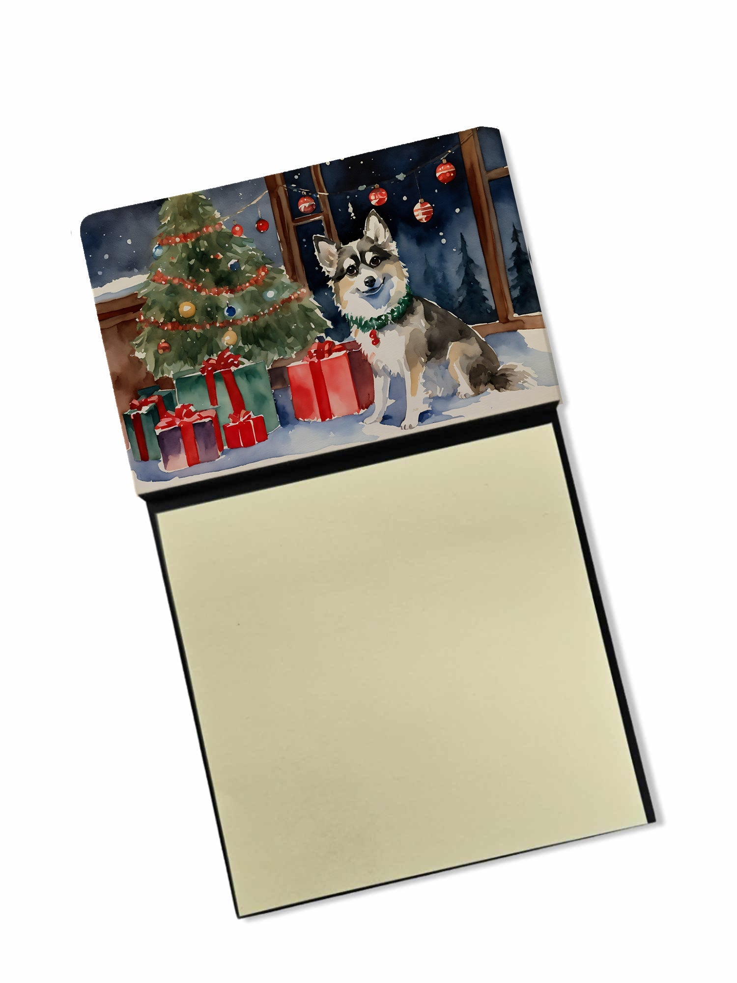 Alaskan Klee Kai Cozy Christmas Watercolor Sticky Note Holder Refillable Dispenser Desk Accessory 3x3 Pad Gift