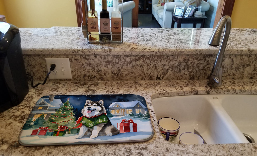 Alaskan Malamute Cozy Christmas Dish Drying Mat Absorbent Dish Drying Mat Pad for Kitchen Counter Dish Drainer Mat for Countertop, 14 x 21", Multicolor