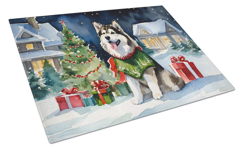 Alaskan Malamute Cozy Christmas Cutting Board Tempered Glass Kitchen Cutting Surface, Heat Resistant Chopping, Non-Slip Feet, Food Prep & Serving