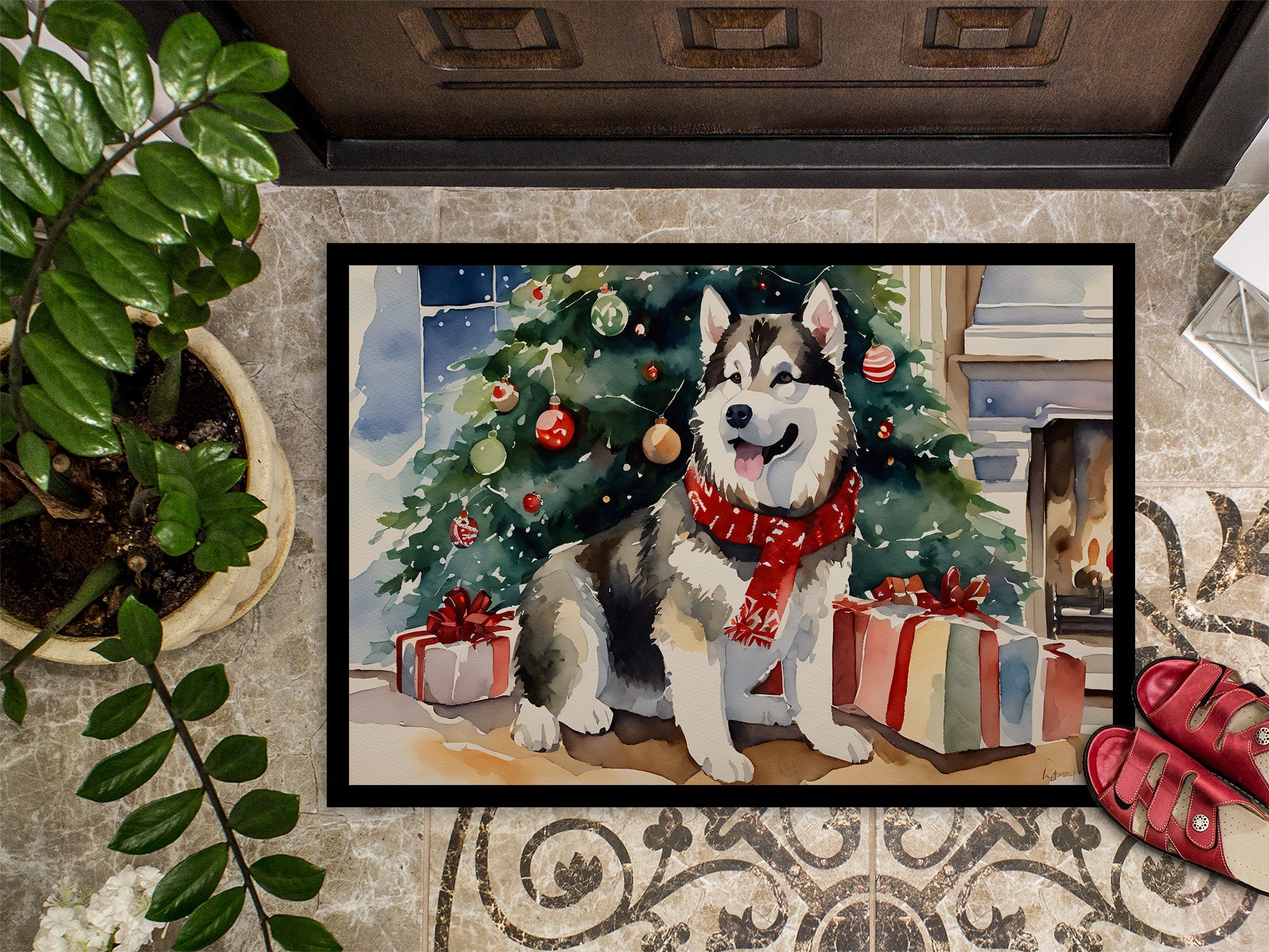 Alaskan Malamute Cozy Christmas Doormat Indoor Outdoor 24H X 36W Front Door Mat Rugs for Entryway, Non Slip Washable Low Pile,