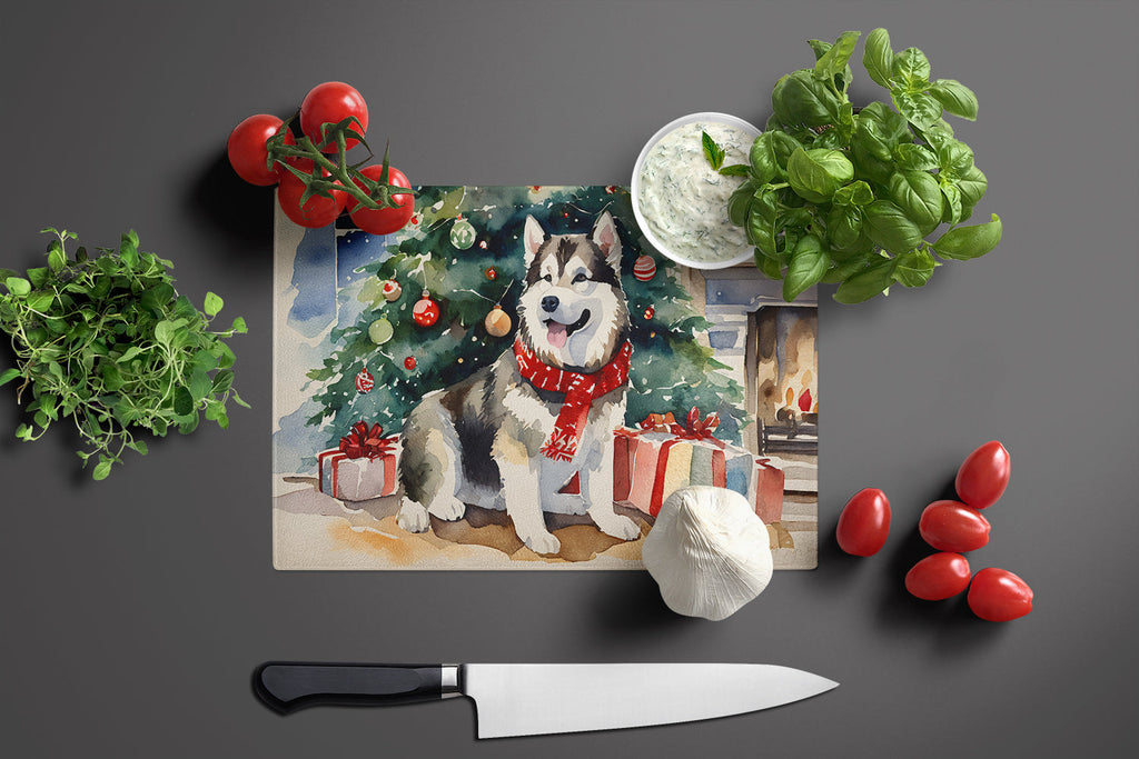 Alaskan Malamute Cozy Christmas Cutting Board Tempered Glass Kitchen Cutting Surface, Heat Resistant Chopping, Non-Slip Feet, Food Prep & Serving