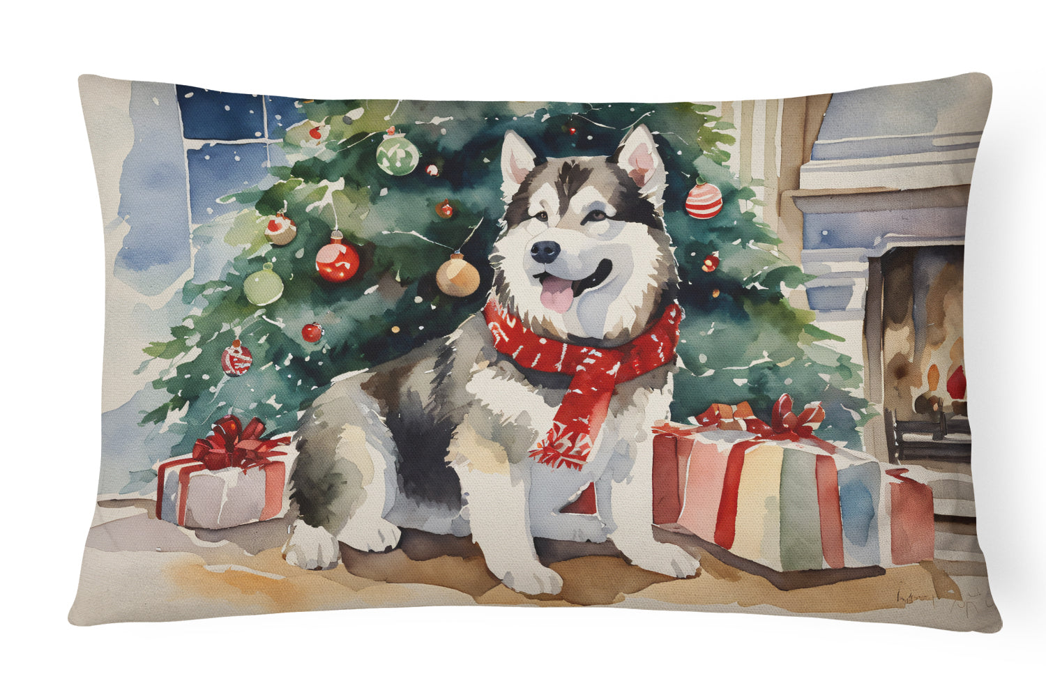 Alaskan Malamute Cozy Christmas Decorative Throw Pillow 12x16 Indoor Outdoor Accent Cushion, Fabric Cover with Insert for Sofa, Bed, Porch & Living Room