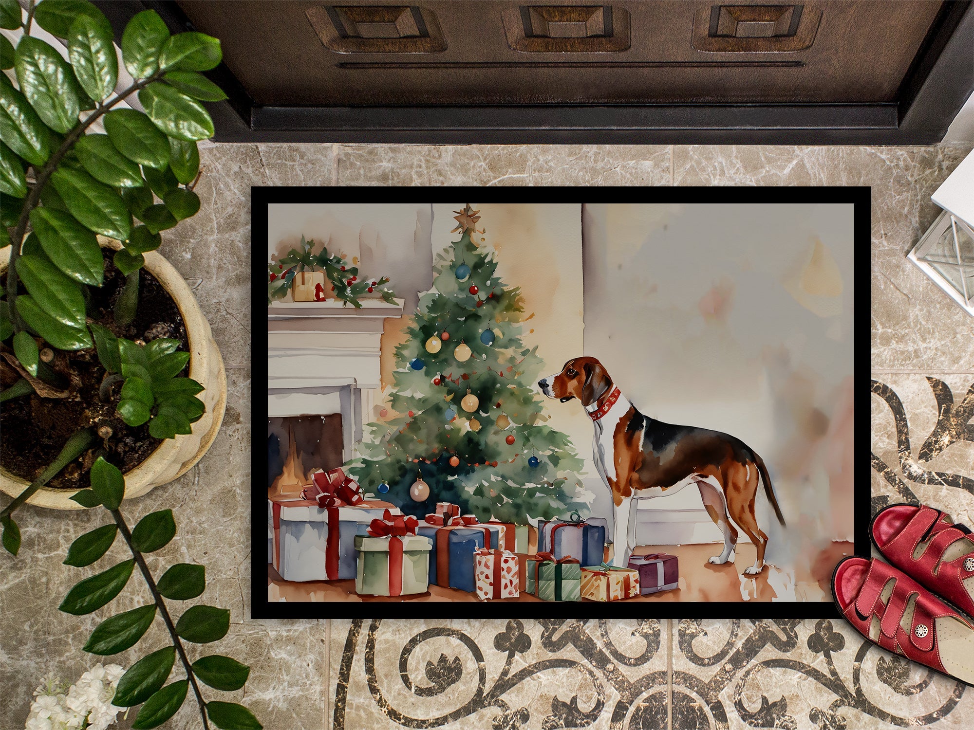 American English Coonhound Cozy Christmas Doormat Indoor Outdoor 24H X 36W Front Door Mat Rugs for Entryway, Non Slip Washable Low Pile,