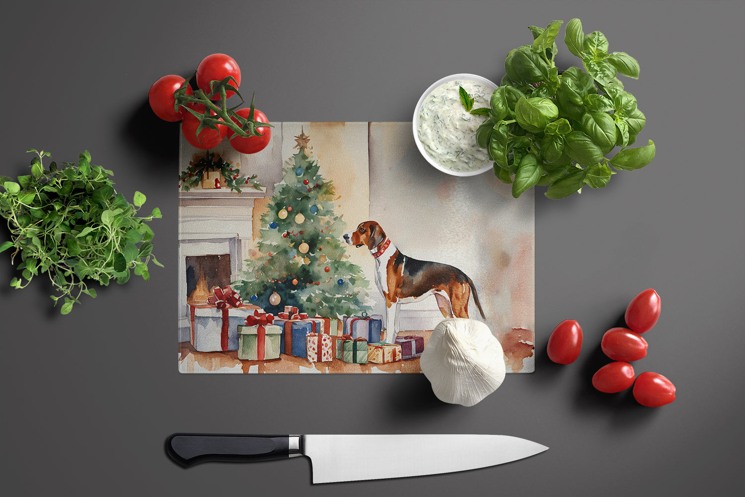 American English Coonhound Cozy Christmas Cutting Board Tempered Glass Kitchen Cutting Surface, Heat Resistant Chopping, Non-Slip Feet, Food Prep & Serving