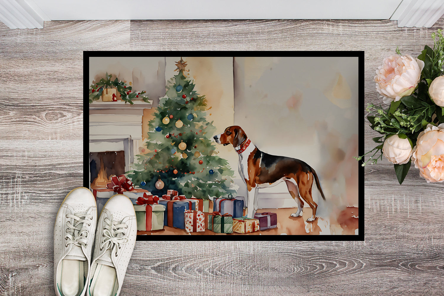 American English Coonhound Cozy Christmas Doormat Indoor Outdoor 18H X 27W Front Door Mat Rugs for Entryway, Non Slip Washable