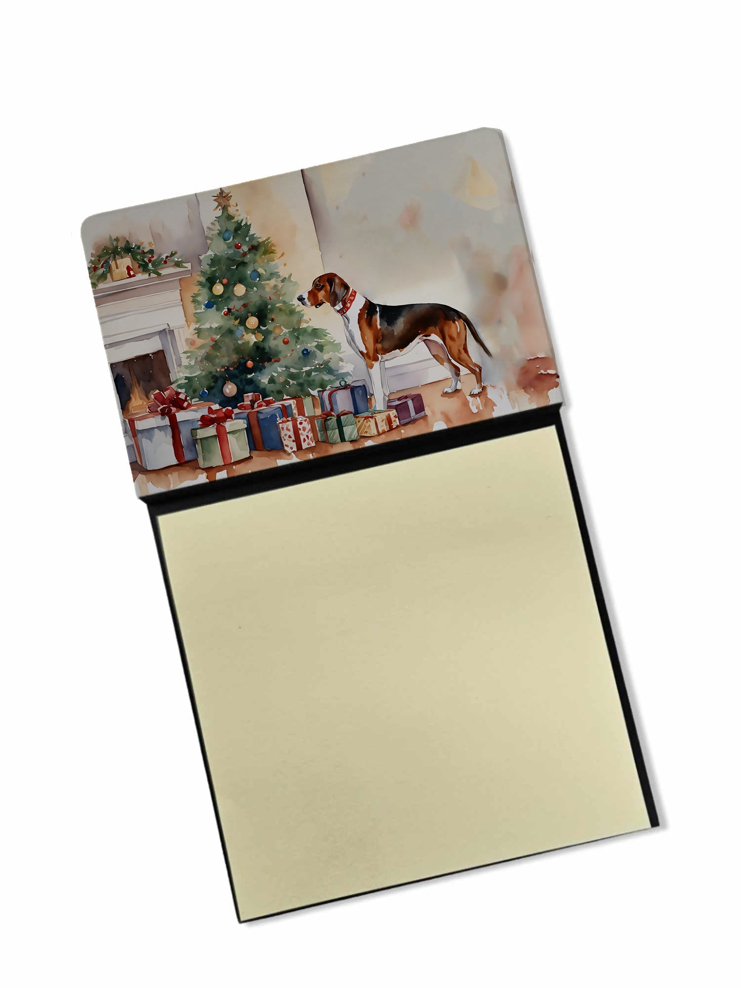 American English Coonhound Cozy Christmas Watercolor Sticky Note Holder Refillable Dispenser Desk Accessory 3x3 Pad Gift