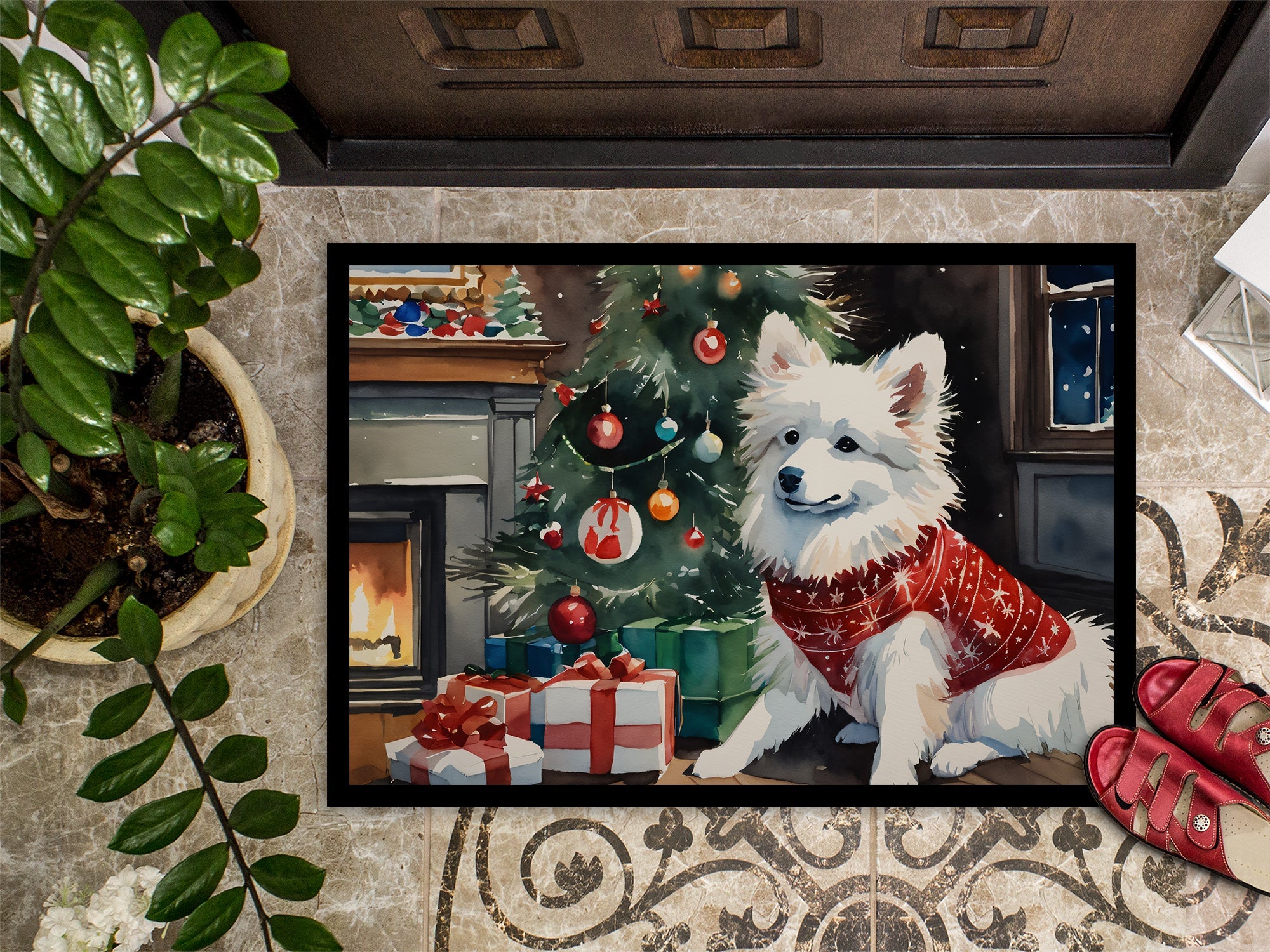 American Eskimo Cozy Christmas Doormat Indoor Outdoor 24H X 36W Front Door Mat Rugs for Entryway, Non Slip Washable Low Pile,