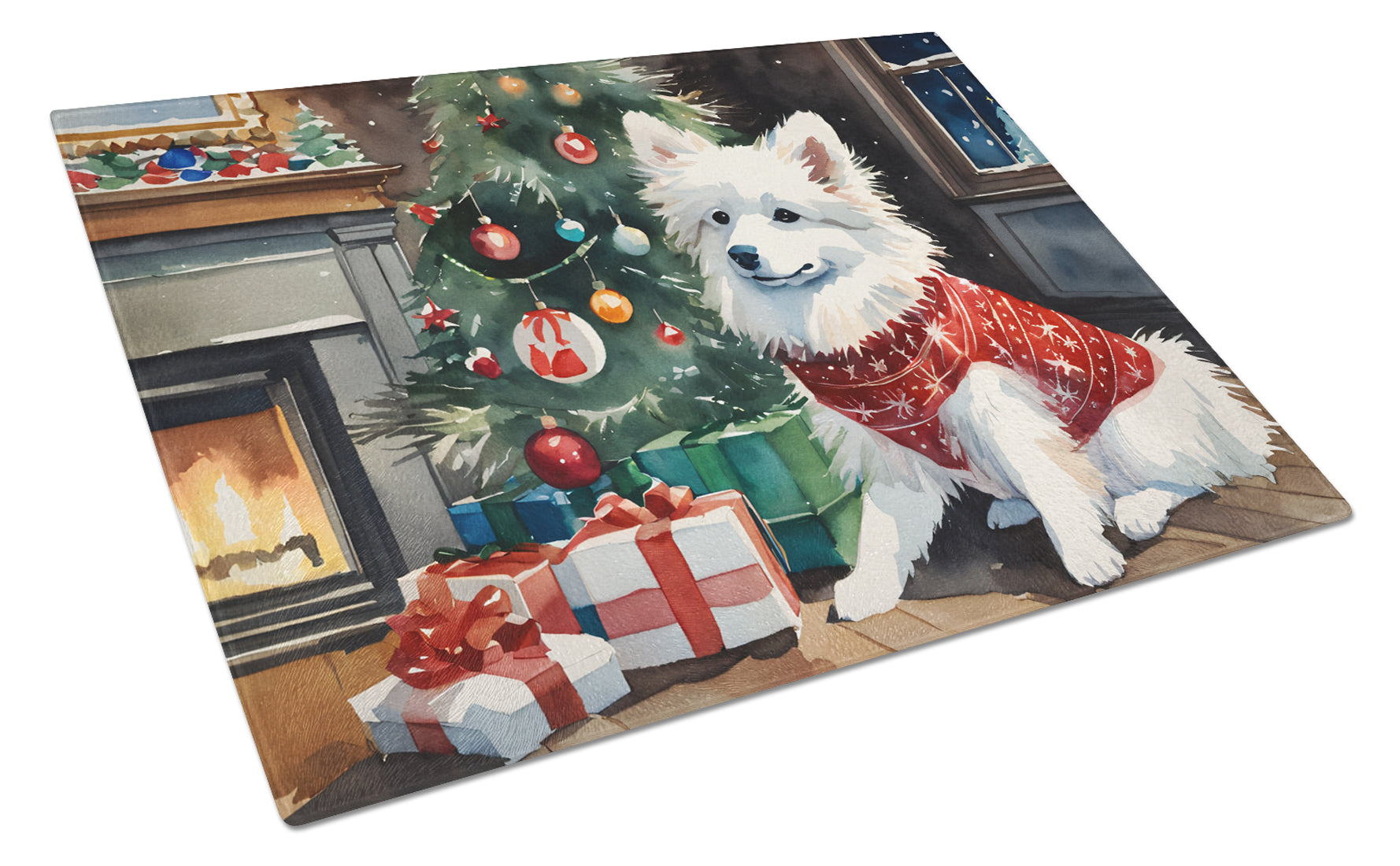 American Eskimo Cozy Christmas Cutting Board Tempered Glass Kitchen Cutting Surface, Heat Resistant Chopping, Non-Slip Feet, Food Prep & Serving