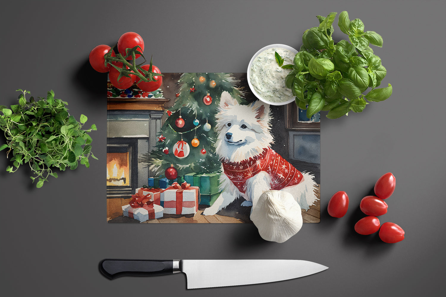 American Eskimo Cozy Christmas Cutting Board Tempered Glass Kitchen Cutting Surface, Heat Resistant Chopping, Non-Slip Feet, Food Prep & Serving