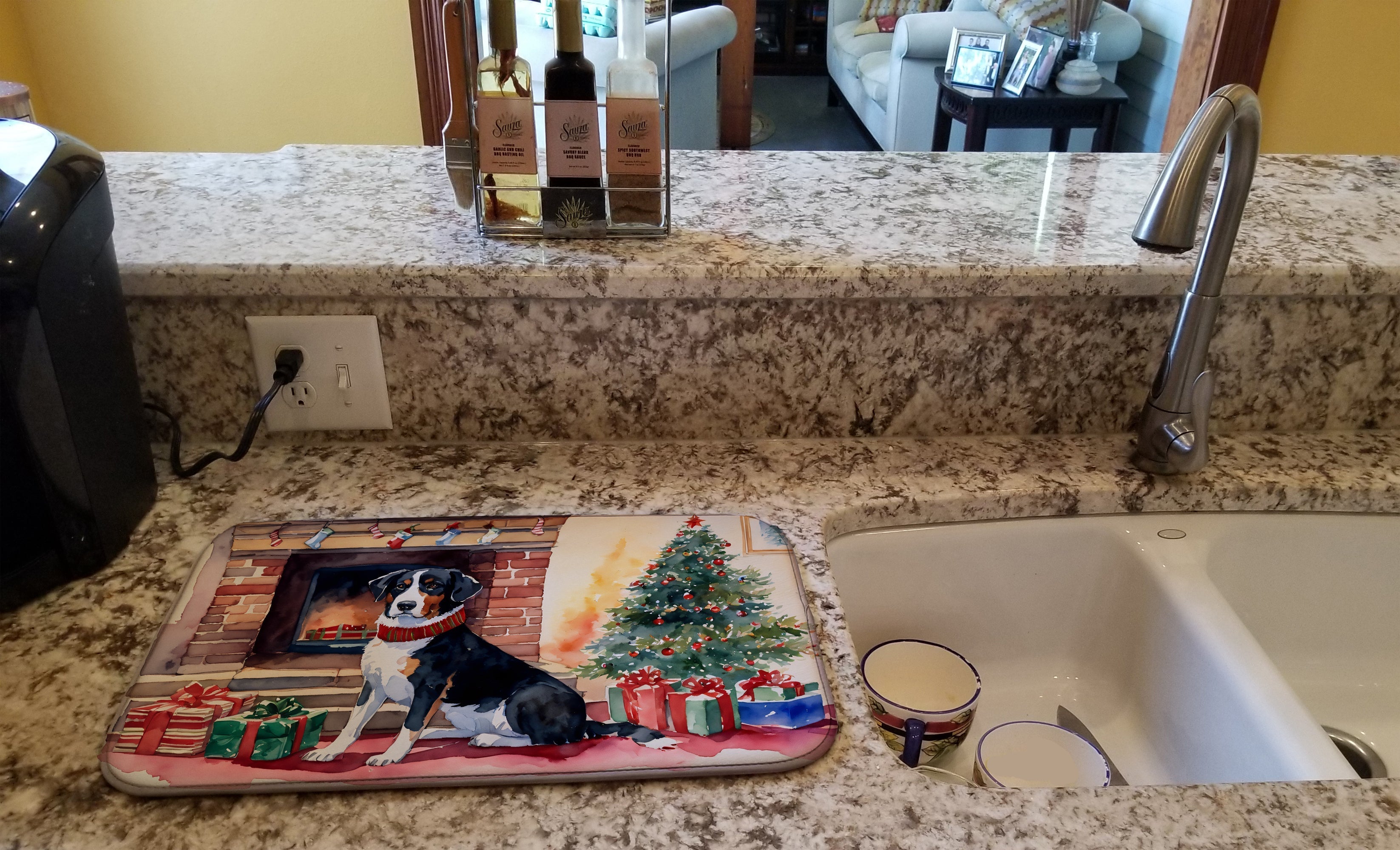 Appenzeller Sennenhund Cozy Christmas Dish Drying Mat Absorbent Dish Drying Mat Pad for Kitchen Counter Dish Drainer Mat for Countertop, 14 x 21", Multicolor