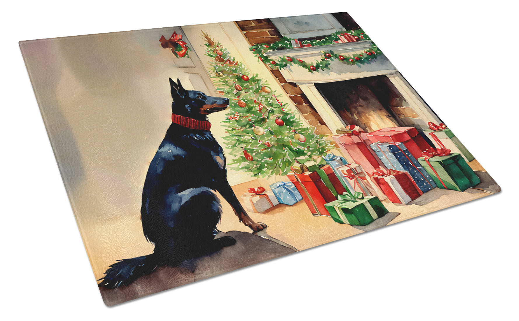 Australian Kelpie Cozy Christmas Cutting Board Tempered Glass Kitchen Cutting Surface, Heat Resistant Chopping, Non-Slip Feet, Food Prep & Serving