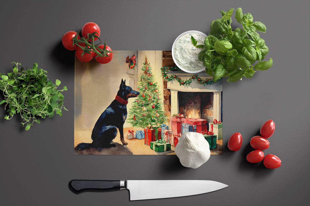 Australian Kelpie Cozy Christmas Cutting Board Tempered Glass Kitchen Cutting Surface, Heat Resistant Chopping, Non-Slip Feet, Food Prep & Serving