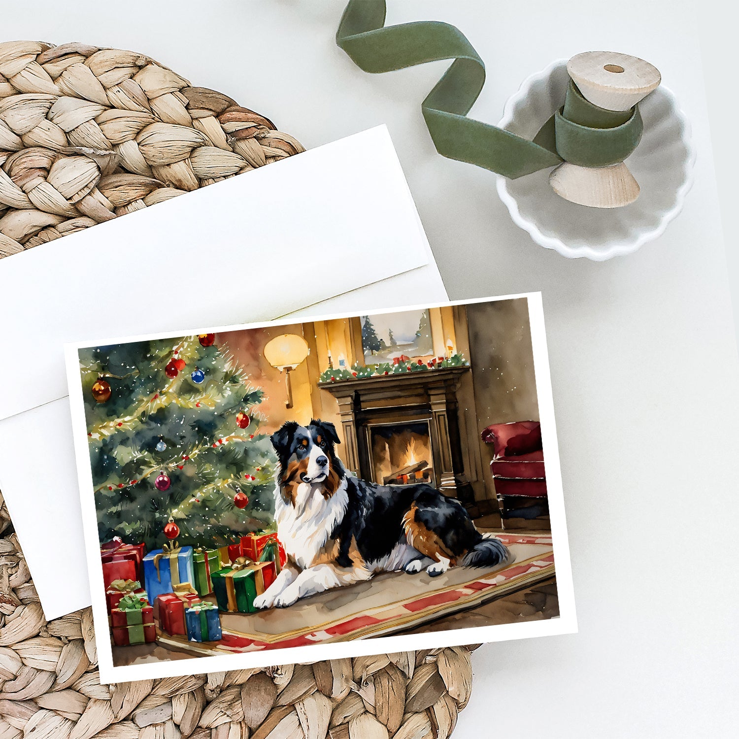Australian Shepherd Cozy Christmas Greeting Cards Pack of 8 Blank Cards with Envelopes Whimsical A7 Size 5x7