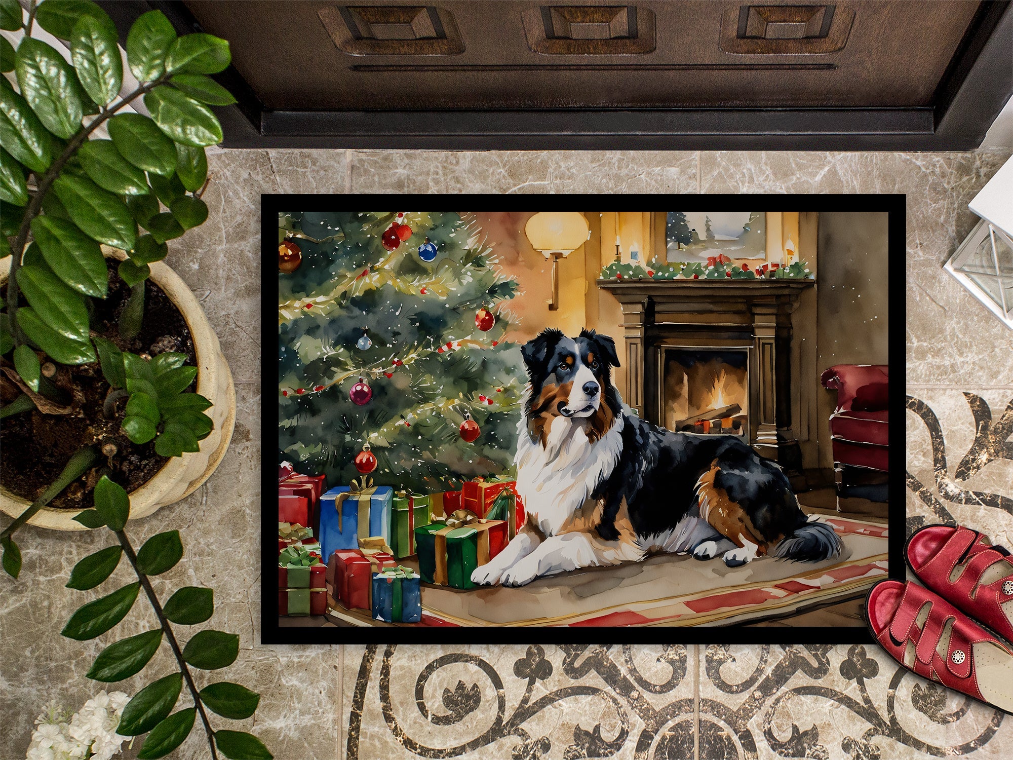Australian Shepherd Cozy Christmas Doormat Indoor Outdoor 24H X 36W Front Door Mat Rugs for Entryway, Non Slip Washable Low Pile,