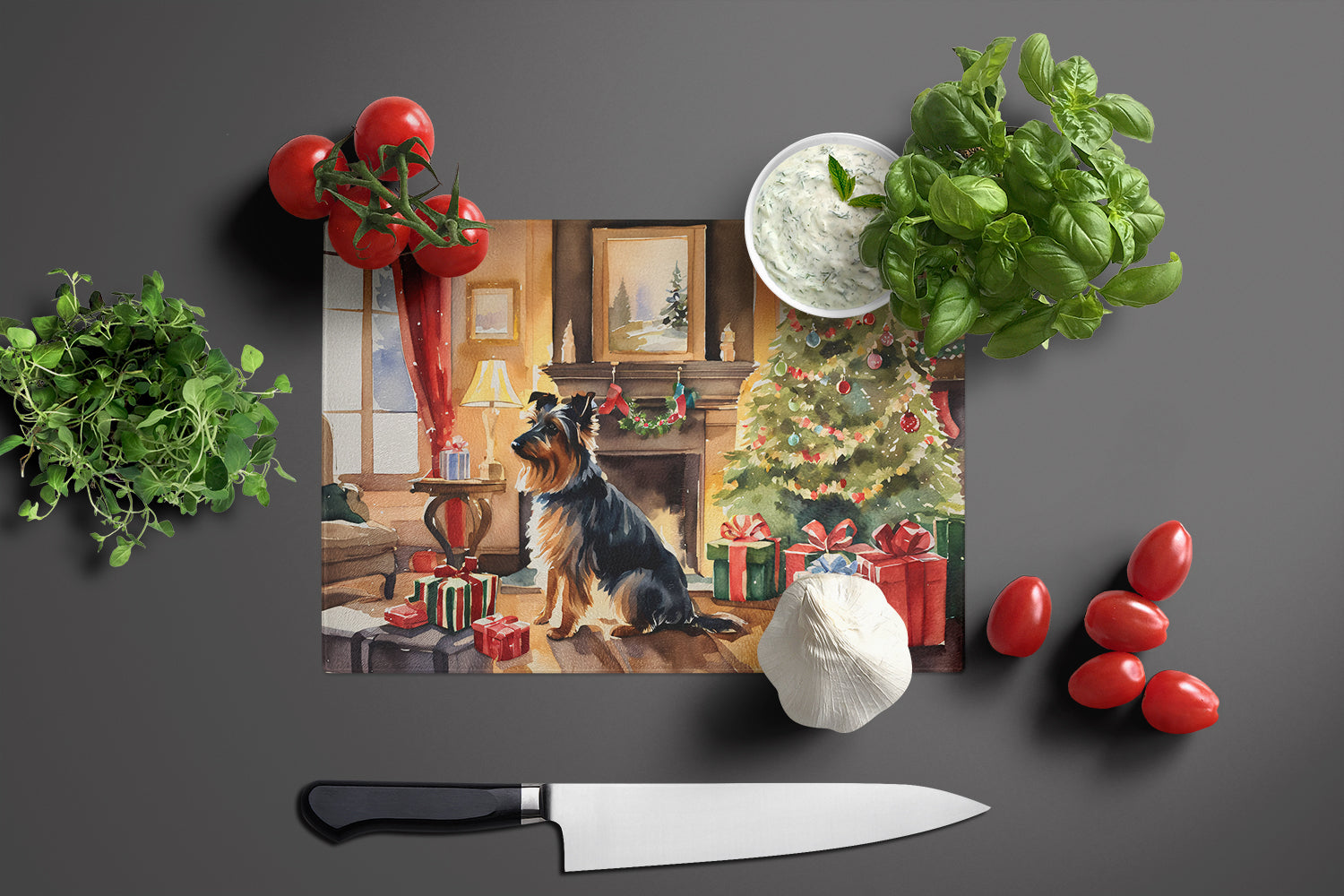 Australian Terrier Cozy Christmas Cutting Board Tempered Glass Kitchen Cutting Surface, Heat Resistant Chopping, Non-Slip Feet, Food Prep & Serving