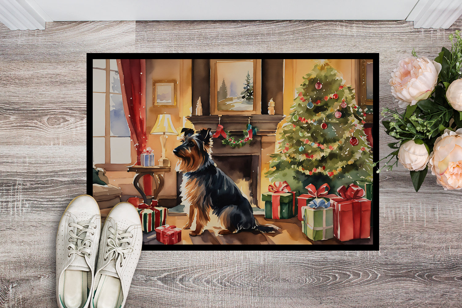 Australian Terrier Cozy Christmas Doormat Indoor Outdoor 18H X 27W Front Door Mat Rugs for Entryway, Non Slip Washable