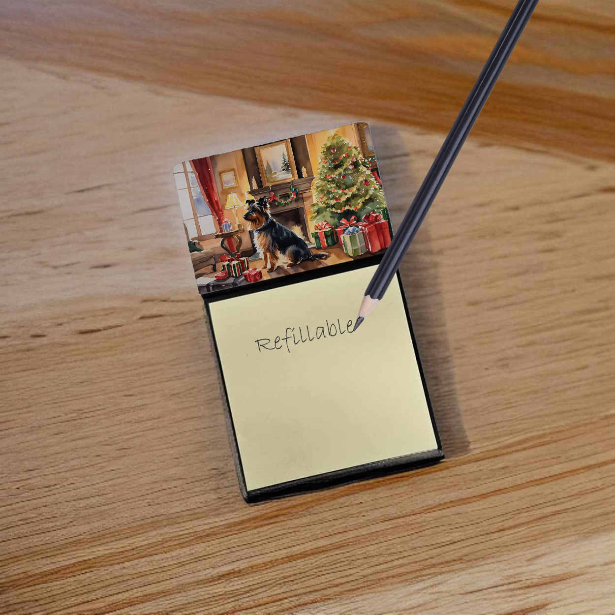 Australian Terrier Cozy Christmas Watercolor Sticky Note Holder Refillable Dispenser Desk Accessory 3x3 Pad Gift