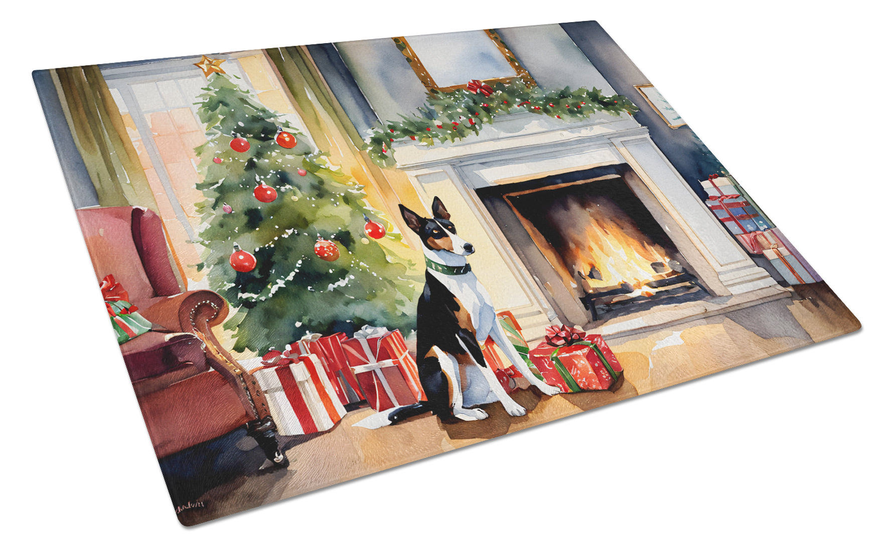 Basenji Cozy Christmas Cutting Board Tempered Glass Kitchen Cutting Surface, Heat Resistant Chopping, Non-Slip Feet, Food Prep & Serving
