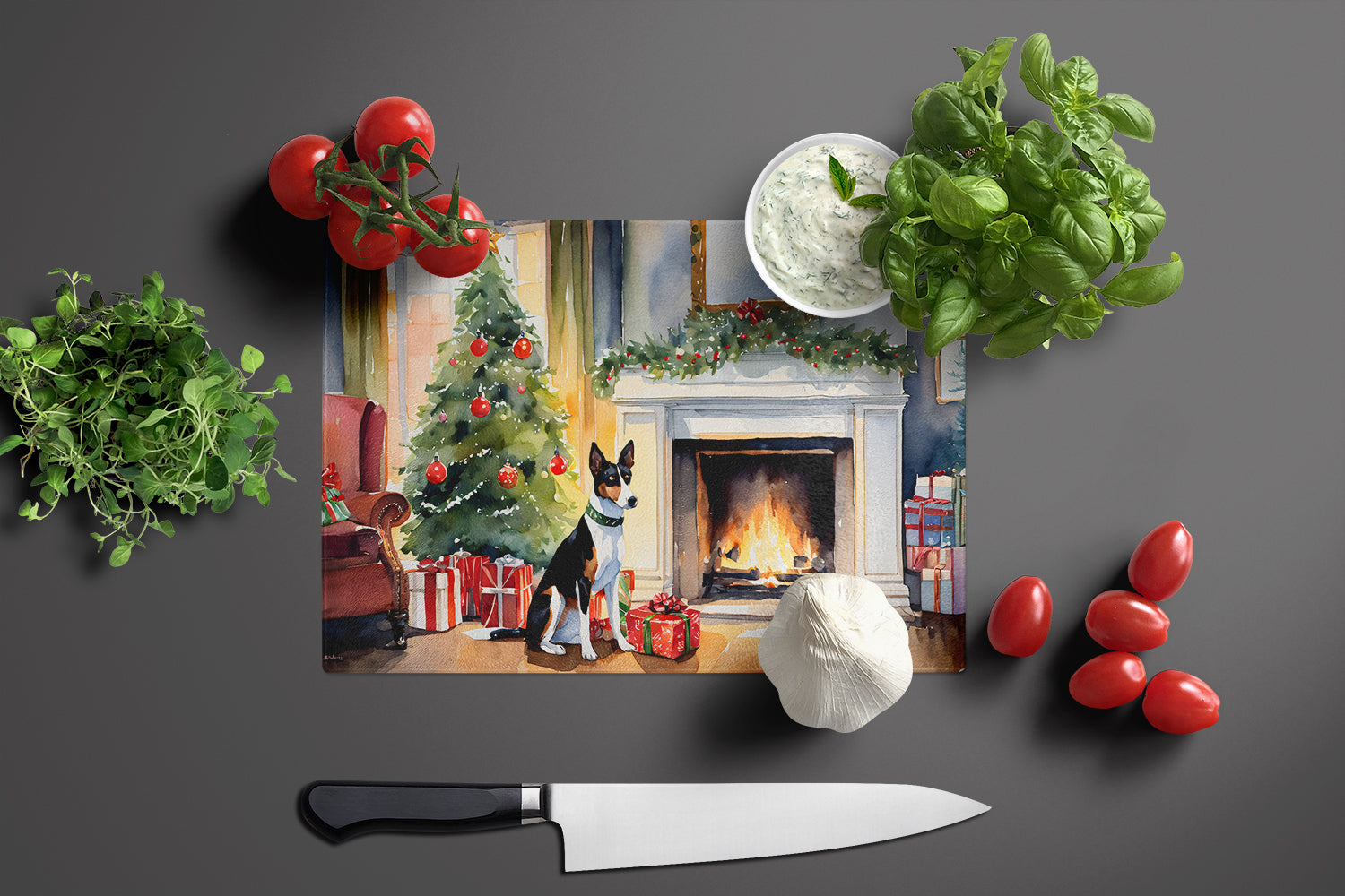 Basenji Cozy Christmas Cutting Board Tempered Glass Kitchen Cutting Surface, Heat Resistant Chopping, Non-Slip Feet, Food Prep & Serving