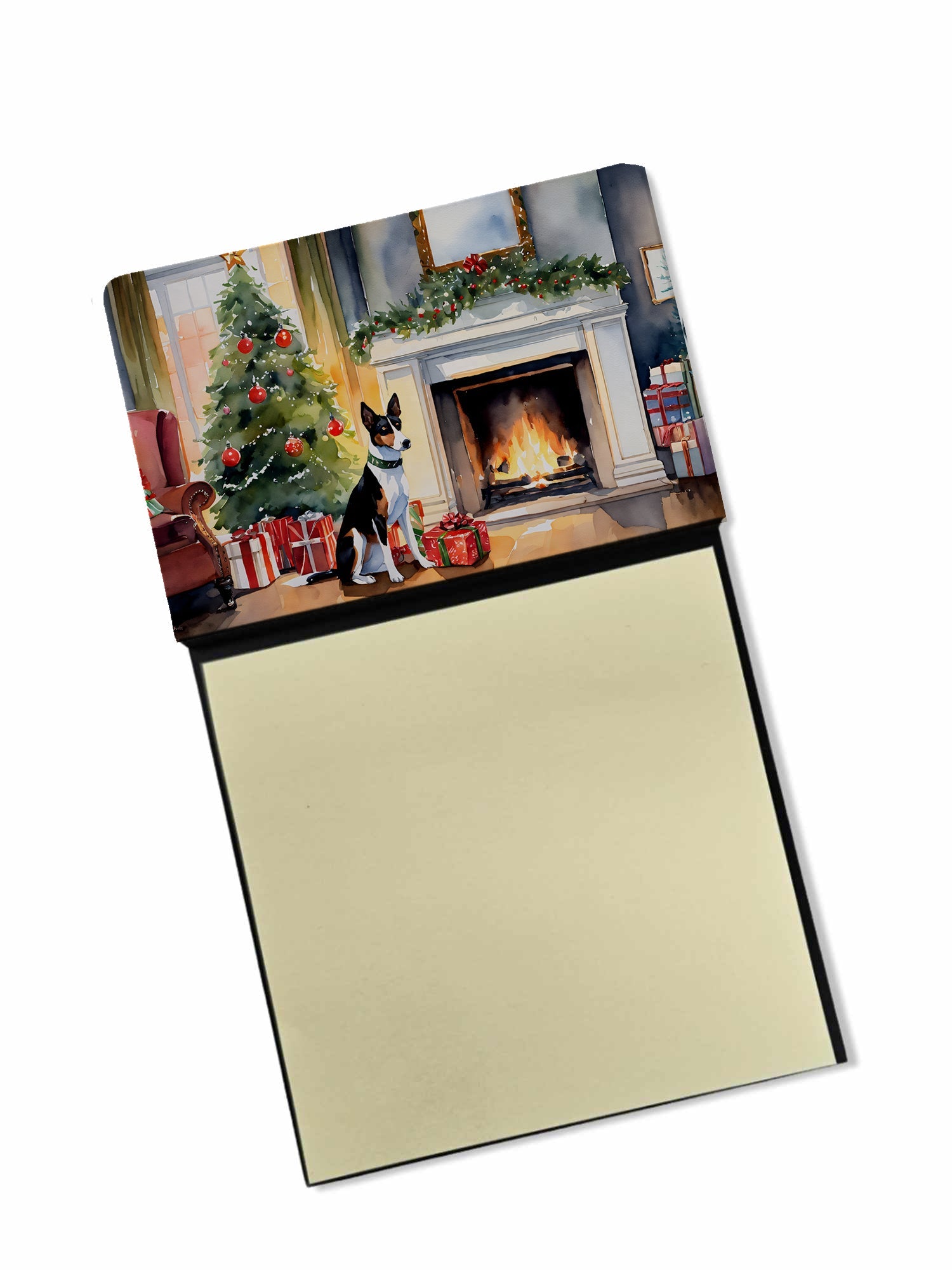 Basenji Cozy Christmas Watercolor Sticky Note Holder Refillable Dispenser Desk Accessory 3x3 Pad Gift