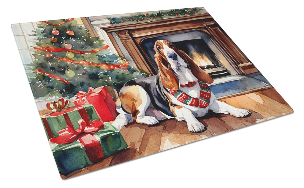 Basset Hound Cozy Christmas Cutting Board Tempered Glass Kitchen Cutting Surface, Heat Resistant Chopping, Non-Slip Feet, Food Prep & Serving