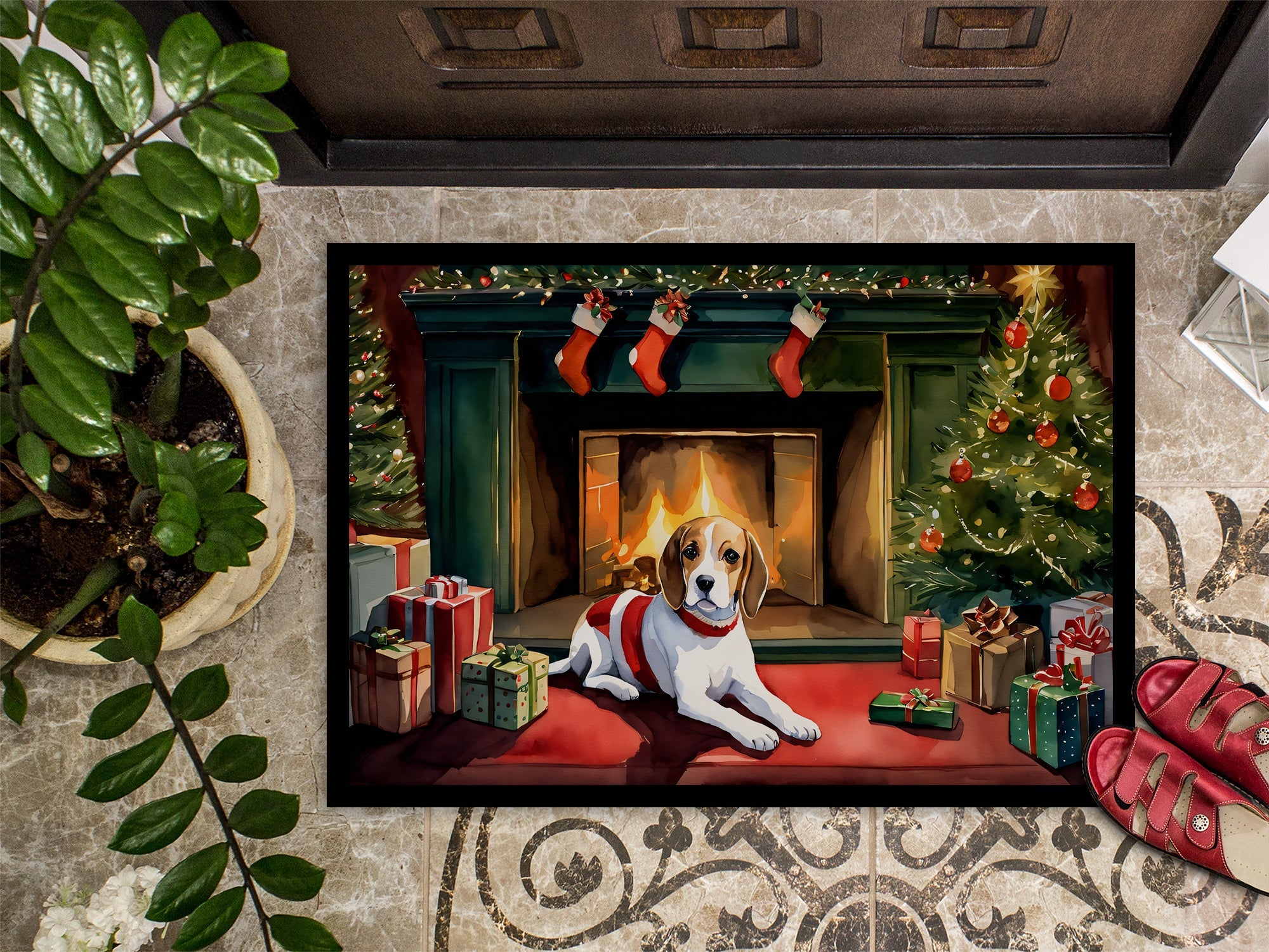 Beagle Cozy Christmas Doormat Indoor Outdoor 24H X 36W Front Door Mat Rugs for Entryway, Non Slip Washable Low Pile,