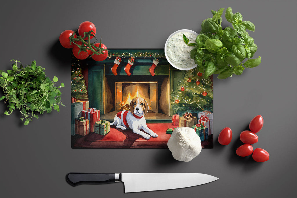 Beagle Cozy Christmas Cutting Board Tempered Glass Kitchen Cutting Surface, Heat Resistant Chopping, Non-Slip Feet, Food Prep & Serving