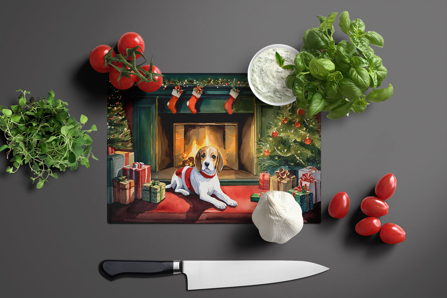 Beagle Cozy Christmas Cutting Board Tempered Glass Kitchen Cutting Surface, Heat Resistant Chopping, Non-Slip Feet, Food Prep & Serving