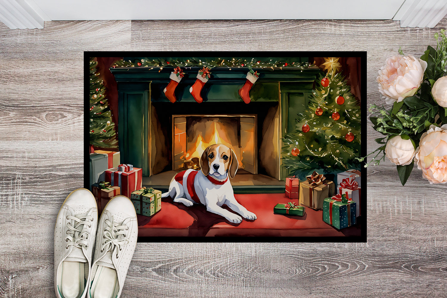 Beagle Cozy Christmas Doormat Indoor Outdoor 18H X 27W Front Door Mat Rugs for Entryway, Non Slip Washable