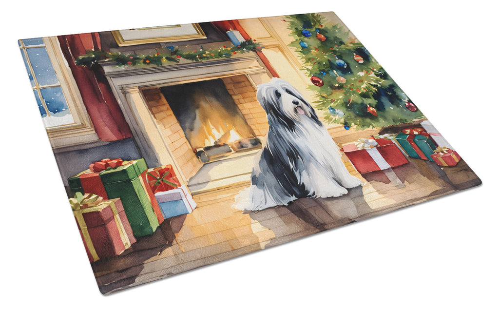 Bearded Collie Cozy Christmas Cutting Board Tempered Glass Kitchen Cutting Surface, Heat Resistant Chopping, Non-Slip Feet, Food Prep & Serving