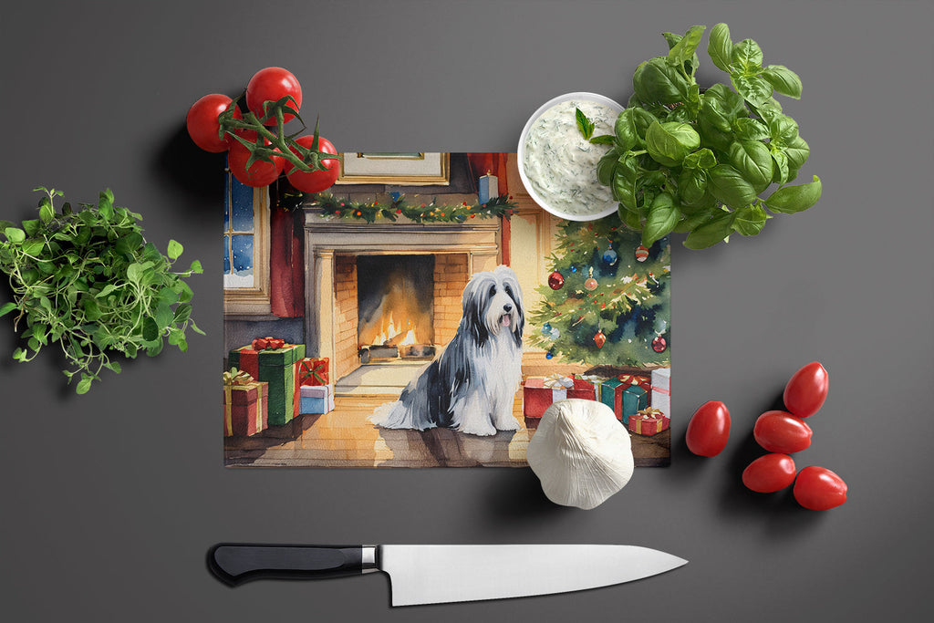 Bearded Collie Cozy Christmas Cutting Board Tempered Glass Kitchen Cutting Surface, Heat Resistant Chopping, Non-Slip Feet, Food Prep & Serving