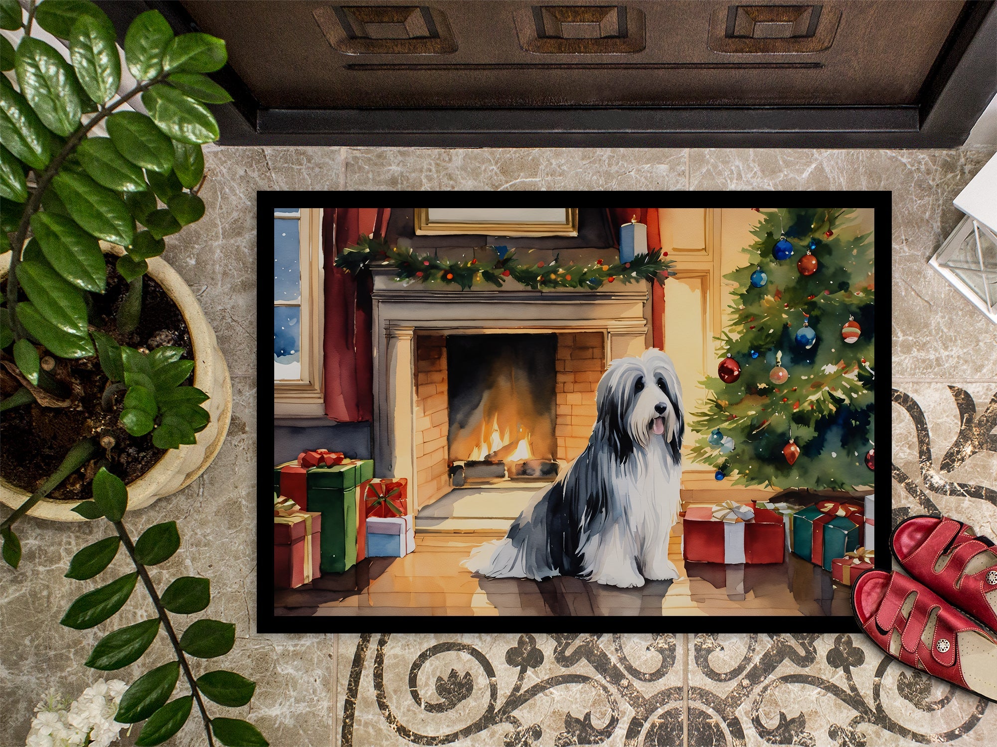 Bearded Collie Cozy Christmas Doormat Indoor Outdoor 18H X 27W Front Door Mat Rugs for Entryway, Non Slip Washable