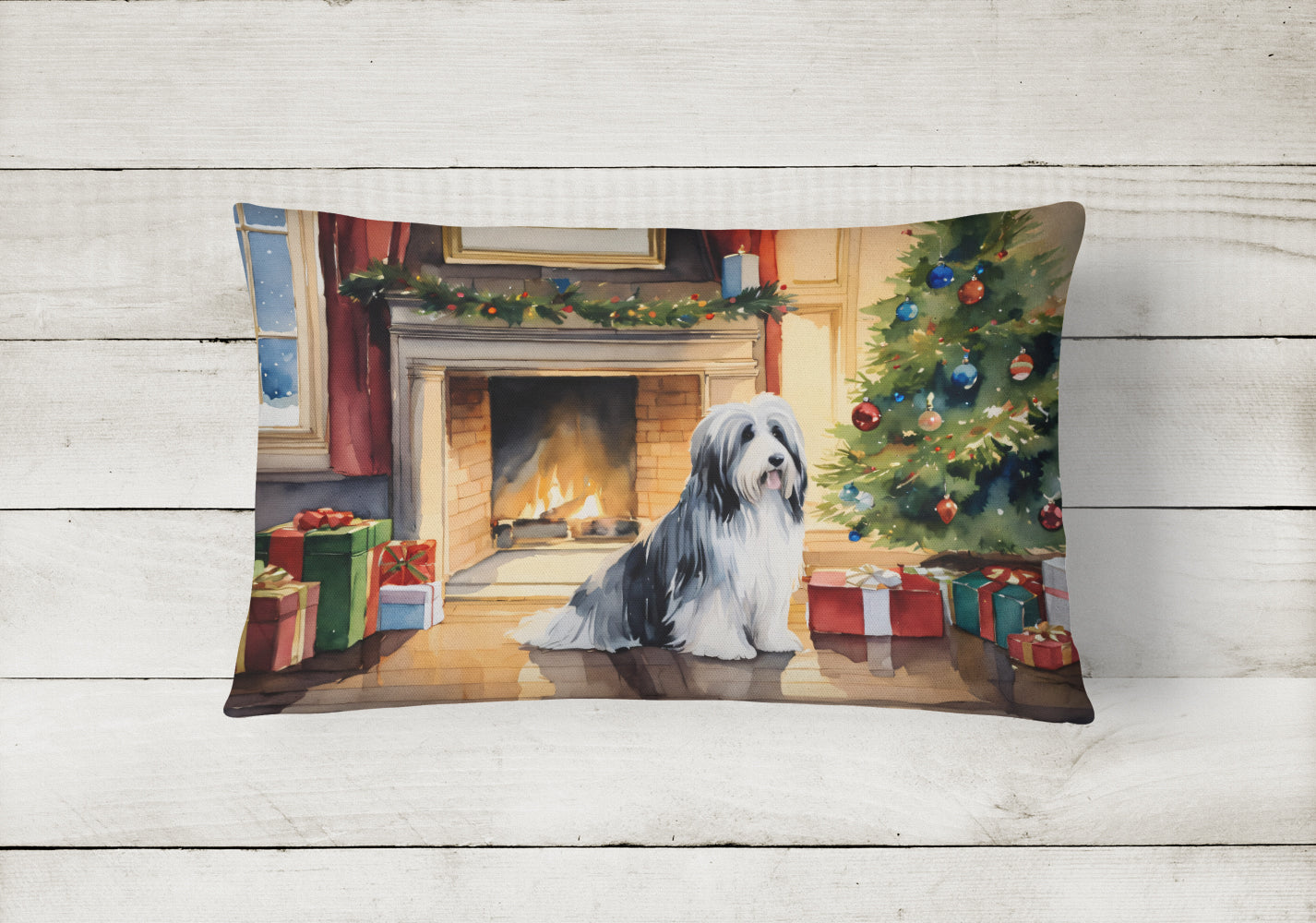 Bearded Collie Cozy Christmas Decorative Throw Pillow 12x16 Indoor Outdoor Accent Cushion, Fabric Cover with Insert for Sofa, Bed, Porch & Living Room