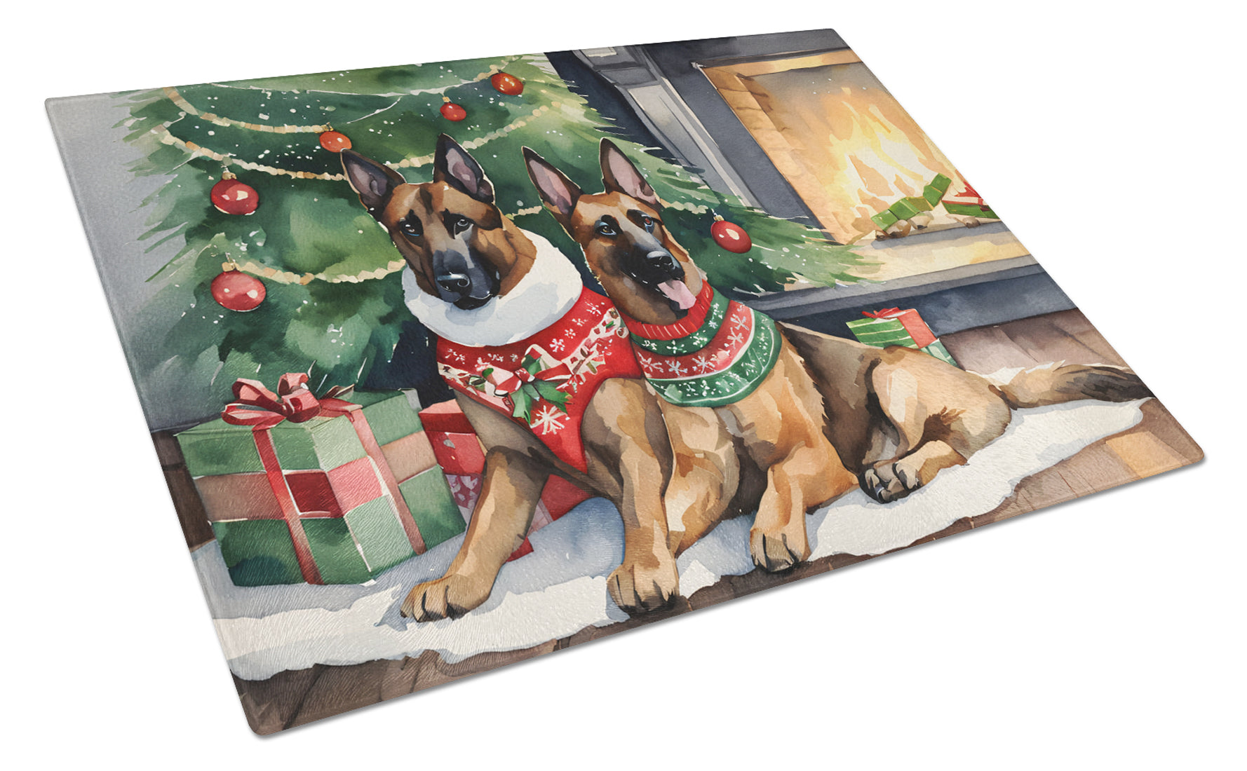 Belgian Malinois Cozy Christmas Cutting Board Tempered Glass Kitchen Cutting Surface, Heat Resistant Chopping, Non-Slip Feet, Food Prep & Serving