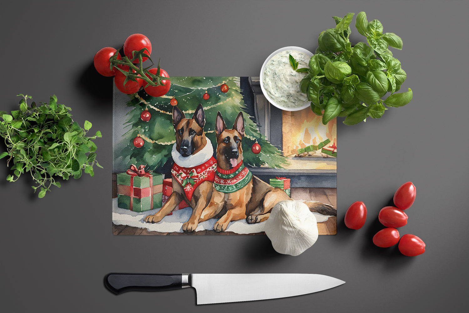 Belgian Malinois Cozy Christmas Cutting Board Tempered Glass Kitchen Cutting Surface, Heat Resistant Chopping, Non-Slip Feet, Food Prep & Serving