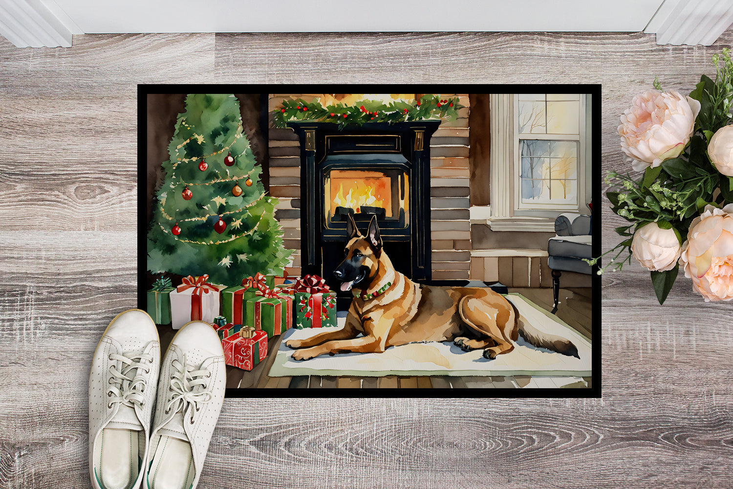 Belgian Malinois Cozy Christmas Doormat Indoor Outdoor 24H X 36W Front Door Mat Rugs for Entryway, Non Slip Washable Low Pile,