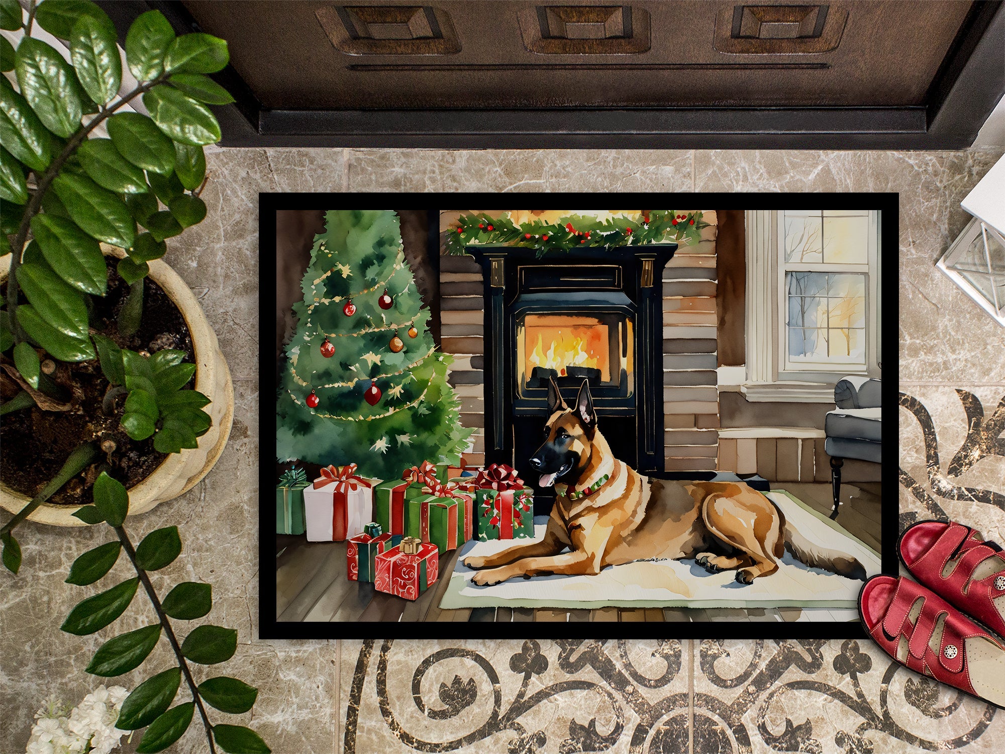 Belgian Malinois Cozy Christmas Doormat Indoor Outdoor 18H X 27W Front Door Mat Rugs for Entryway, Non Slip Washable