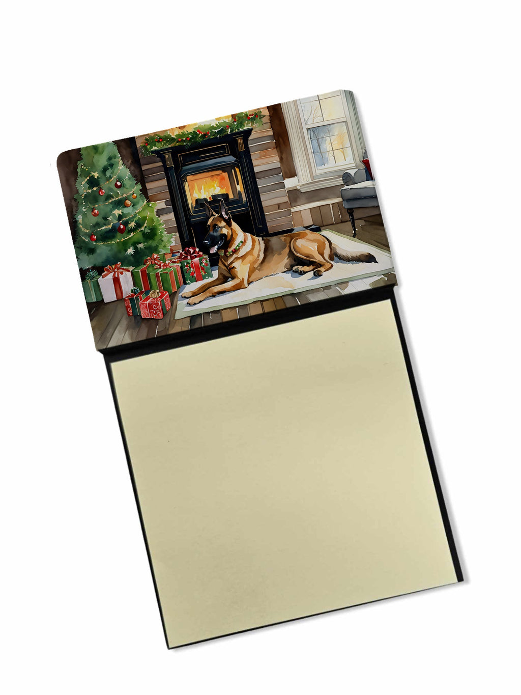 Belgian Malinois Cozy Christmas Watercolor Sticky Note Holder Refillable Dispenser Desk Accessory 3x3 Pad Gift