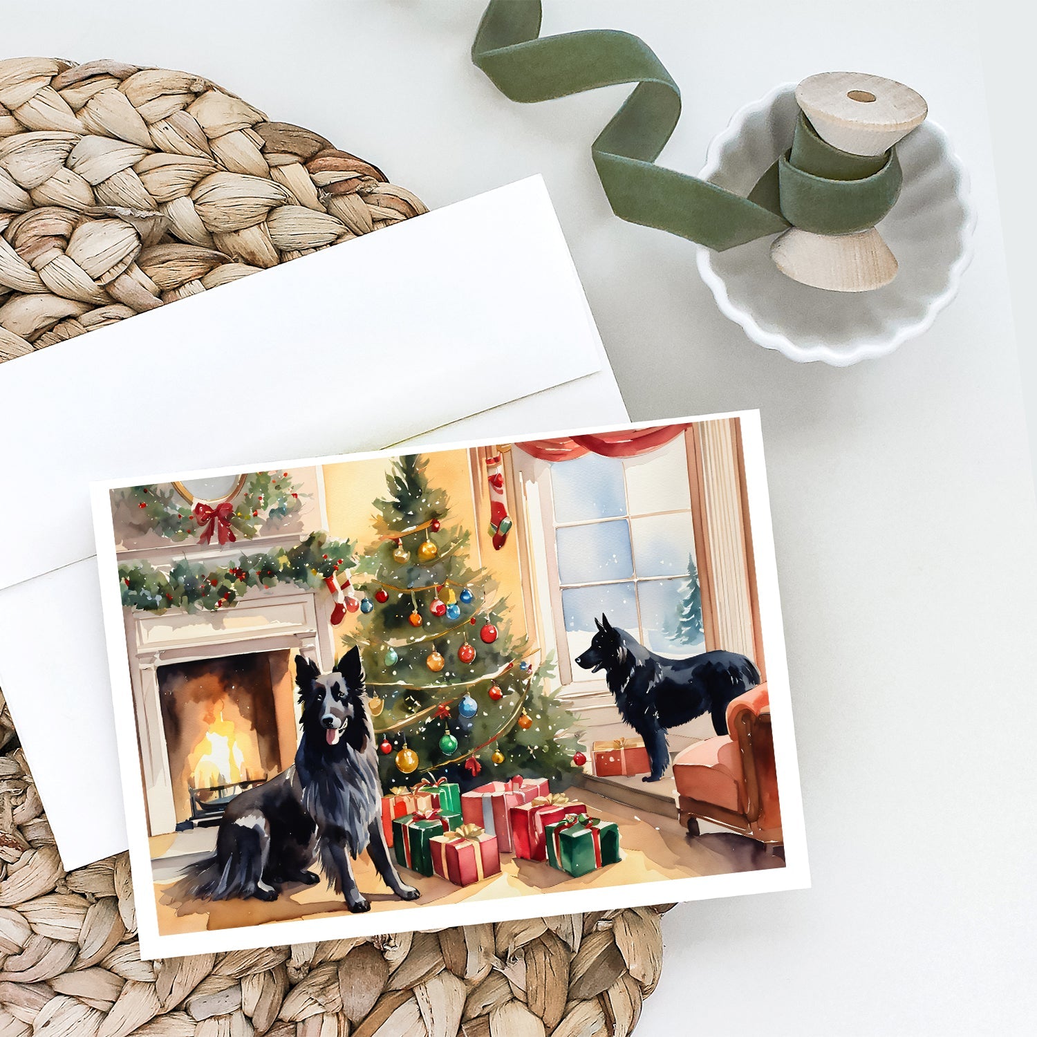 Belgian Sheepdog Cozy Christmas Greeting Cards Pack of 8 Blank Cards with Envelopes Whimsical A7 Size 5x7