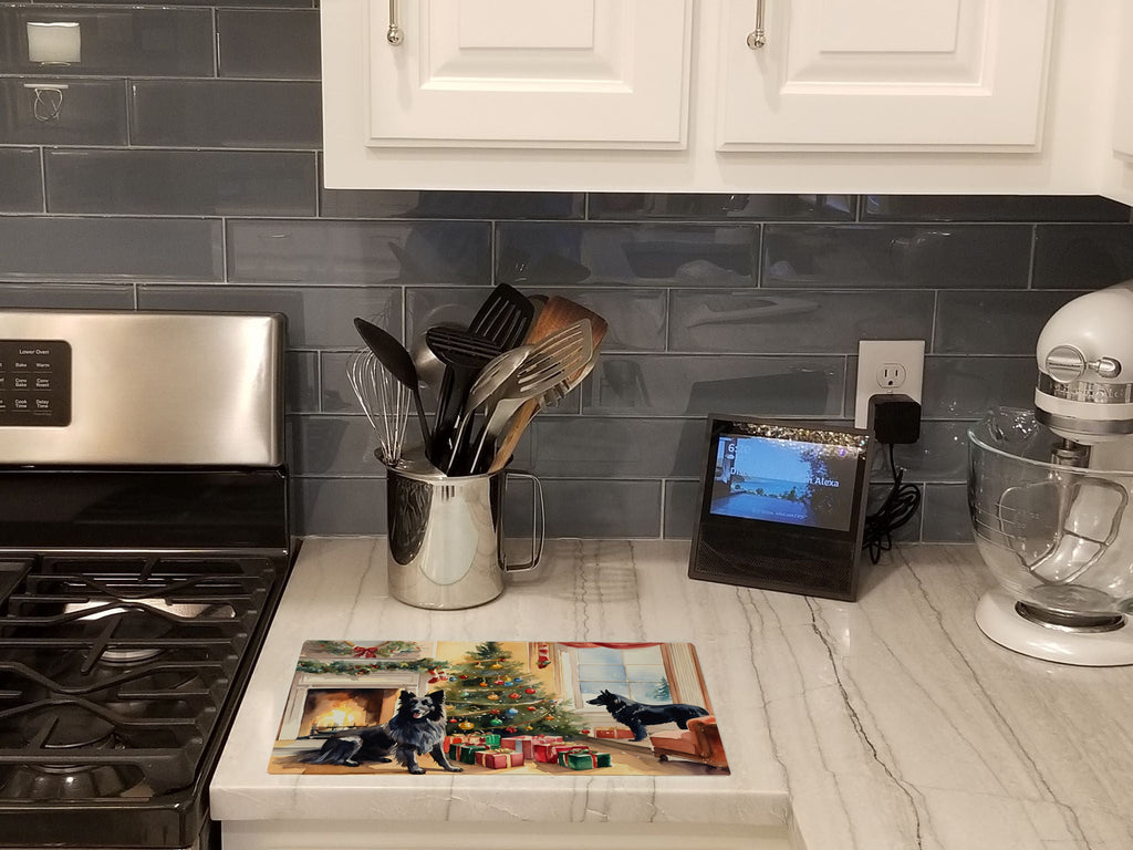 Belgian Sheepdog Cozy Christmas Cutting Board Tempered Glass Kitchen Cutting Surface, Heat Resistant Chopping, Non-Slip Feet, Food Prep & Serving