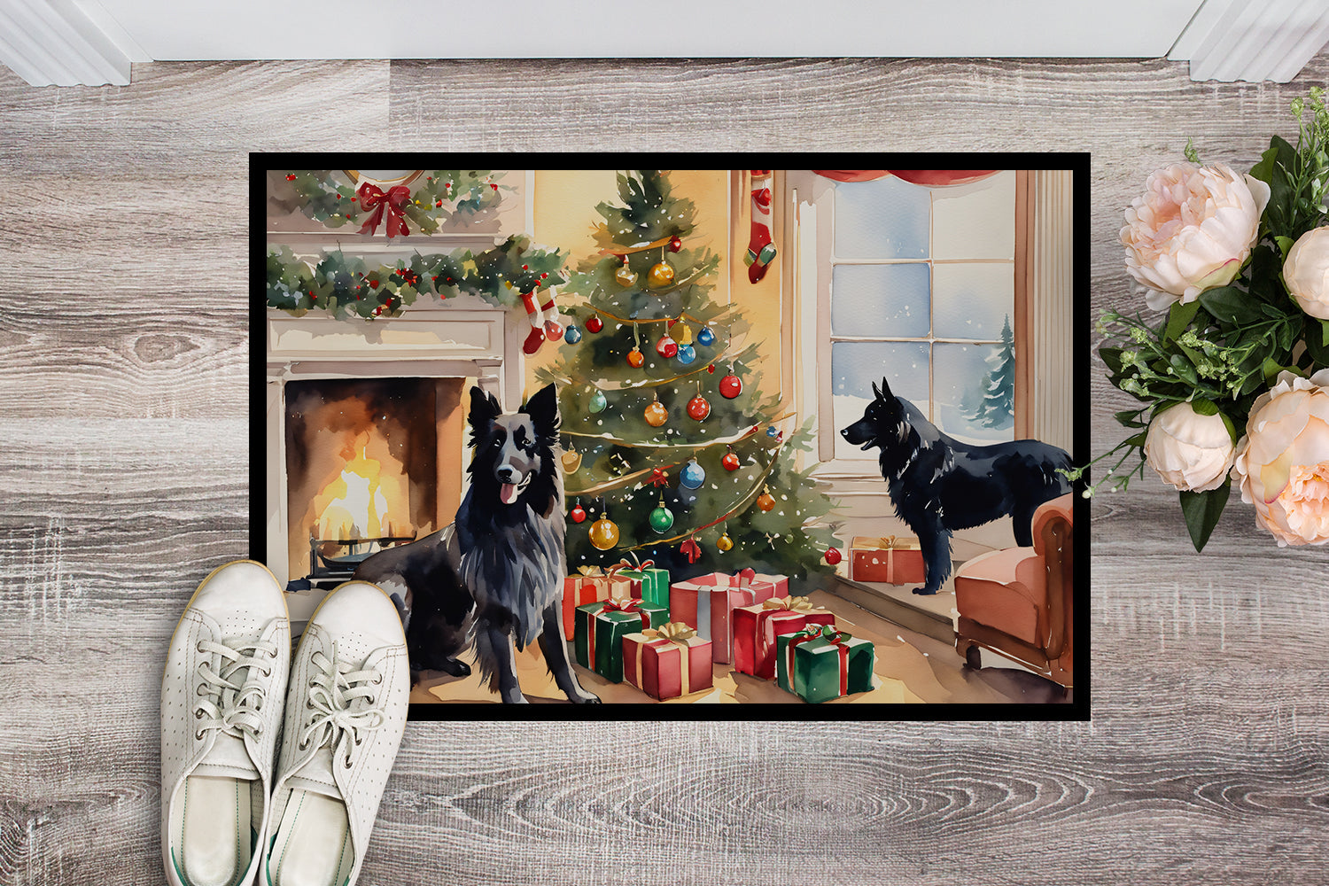 Belgian Sheepdog Cozy Christmas Doormat Indoor Outdoor 18H X 27W Front Door Mat Rugs for Entryway, Non Slip Washable
