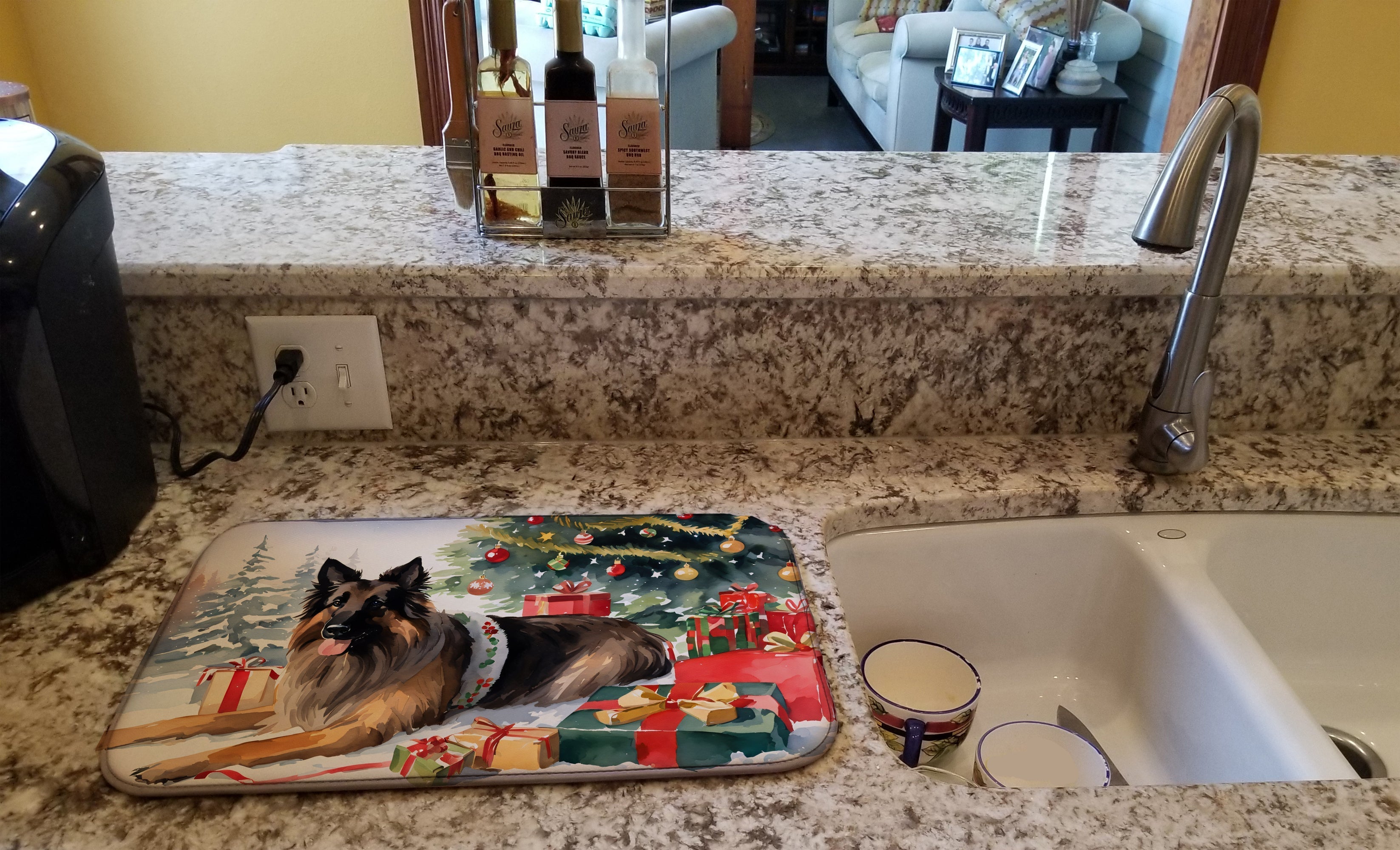 Belgian Tervuren Cozy Christmas Dish Drying Mat Absorbent Dish Drying Mat Pad for Kitchen Counter Dish Drainer Mat for Countertop, 14 x 21", Multicolor