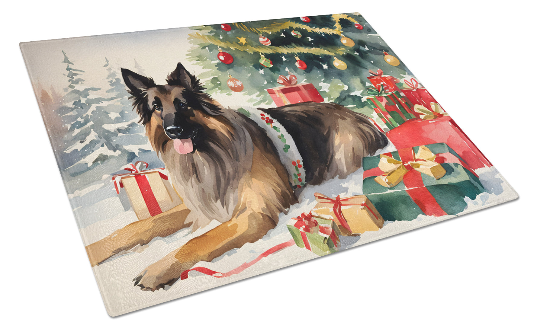 Belgian Tervuren Cozy Christmas Cutting Board Tempered Glass Kitchen Cutting Surface, Heat Resistant Chopping, Non-Slip Feet, Food Prep & Serving